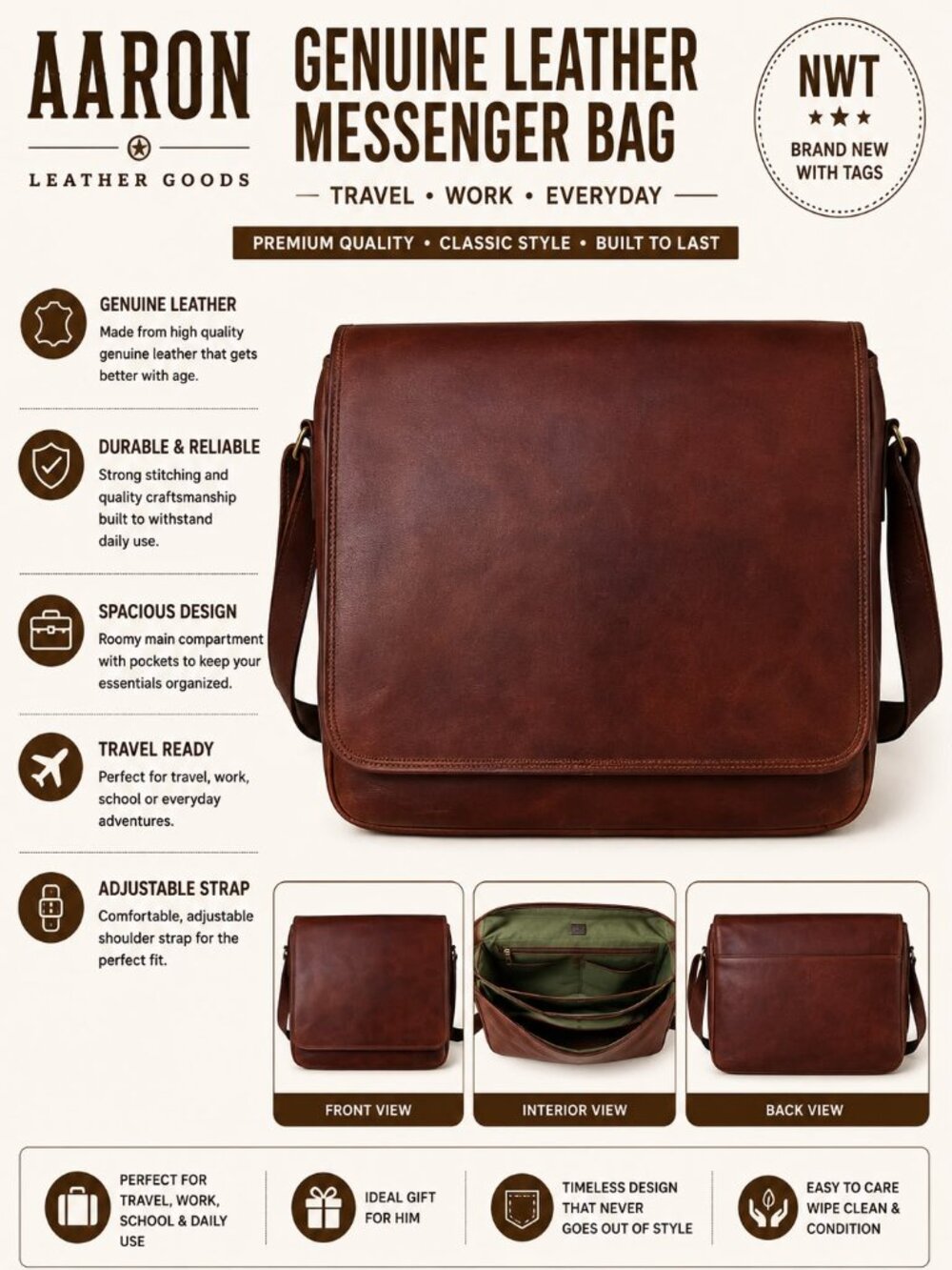 NWT Aaron Leather Goods Genuine Leather Messenger Bag Brown